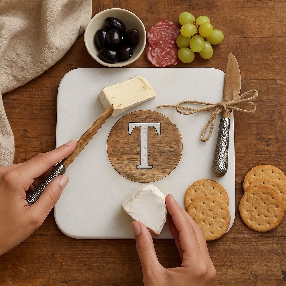 Mudpie White Marble Initial T Cheese Board with Knife